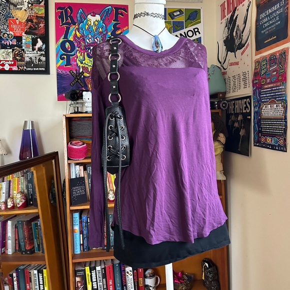 Whimsygoth dark purple lace long sleeve top with lace mesh - Picture 2 of 8